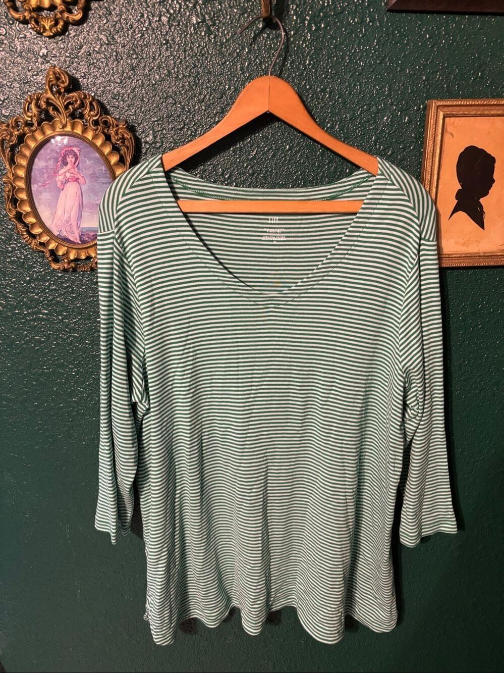 J.Jill Blue Green Striped 3/4 Sleeve Pima Cotton Top Sz XL